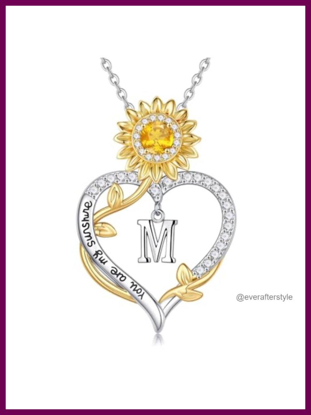 14k White Gold Plated Sunflower Initial Necklace Cubic Zirconia Pendant Gift